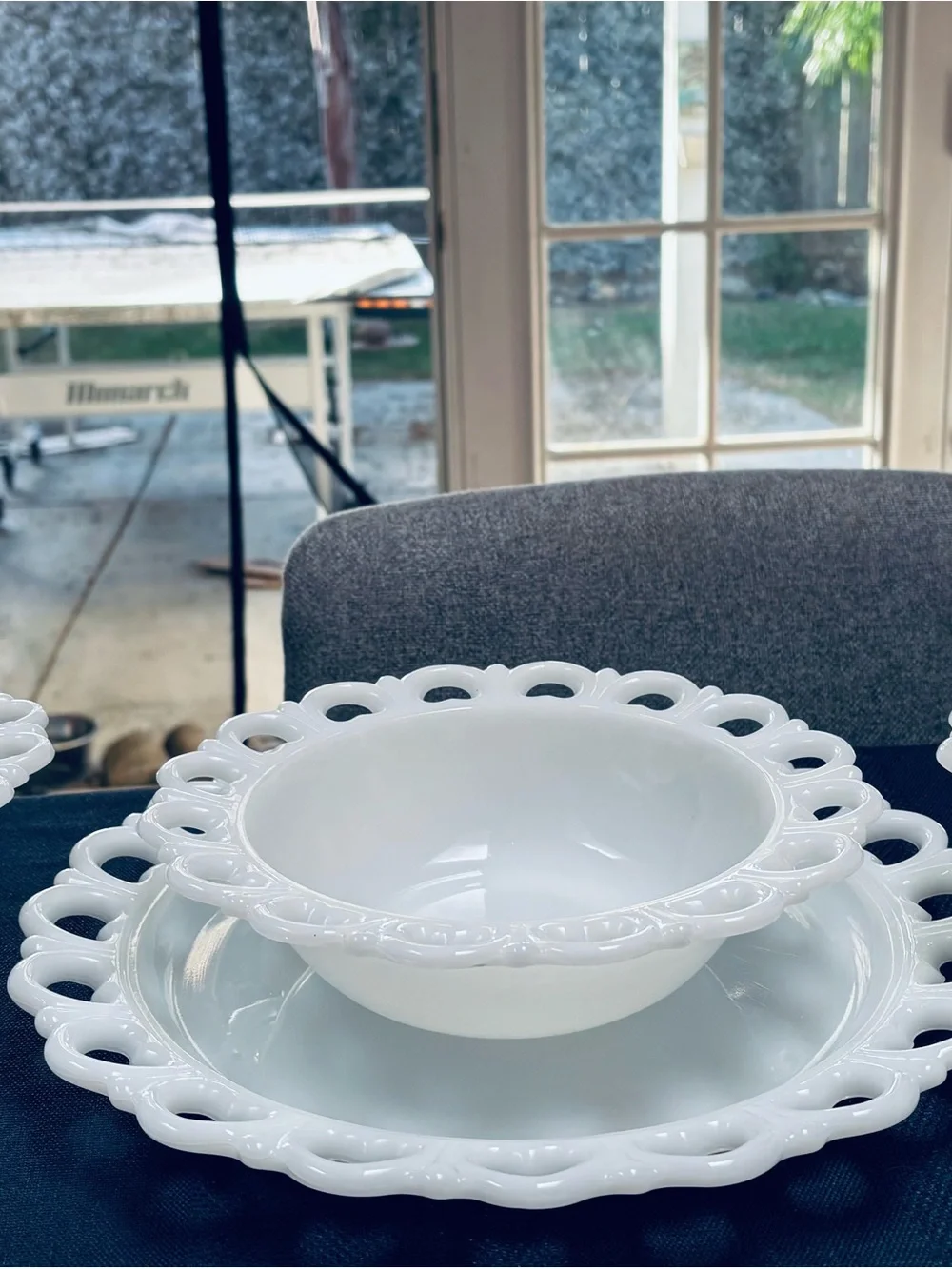 Fire King White Lace-Edge Milk Glass Bowl and Platter Set